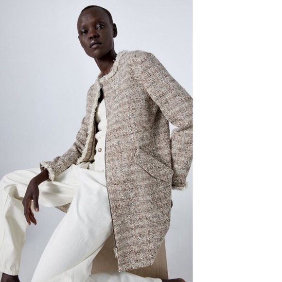 Zara Jackets & Blazers - Zara off white tweed freyed zipper coat blazer S